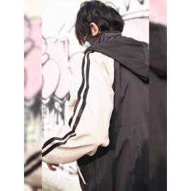 [Trendy Polyester Hooded Jacket] Trendy Lightweight Polyester Men's Casual Zip-Up Hooded Jacket - Color Block Design with Striped Accents, Perfect for Spring & Autumn