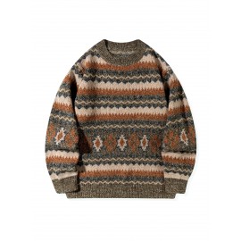 Men's Casual Color-Block Geometric Knit Sweater - Loose Fit Ribbed Detail Pullover, Machine Washable Autumn Winter Warm Crewneck Sweater for Casual Attire, Knitted Sweater, Durable Winter Wear