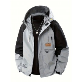 Men's Windproof Hooded Jacket for Spring & Autumn - Lightweight Work Jacket with Zipper Closure, Contrast Color Block Design, Polyester Lining & Pockets - Outdoor Sports, Hiking, Casual Wear